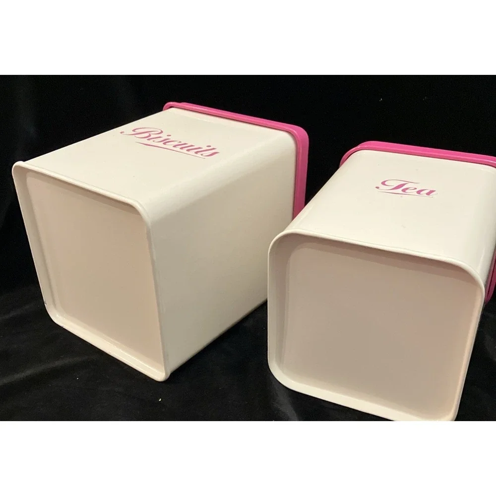 Retro Metal Square Biscuits & Tea Canister Set Off-White w/ Hot Pink Lids Dorm